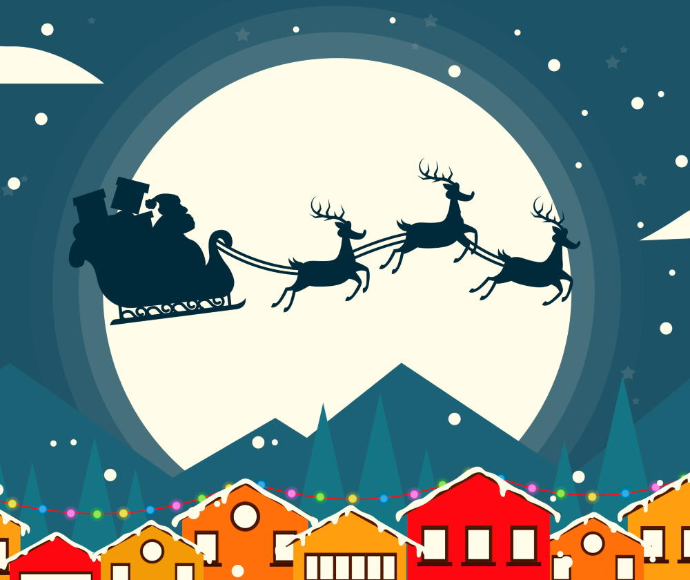 Pêre noël et ses rennes passant devant une lune pleine
